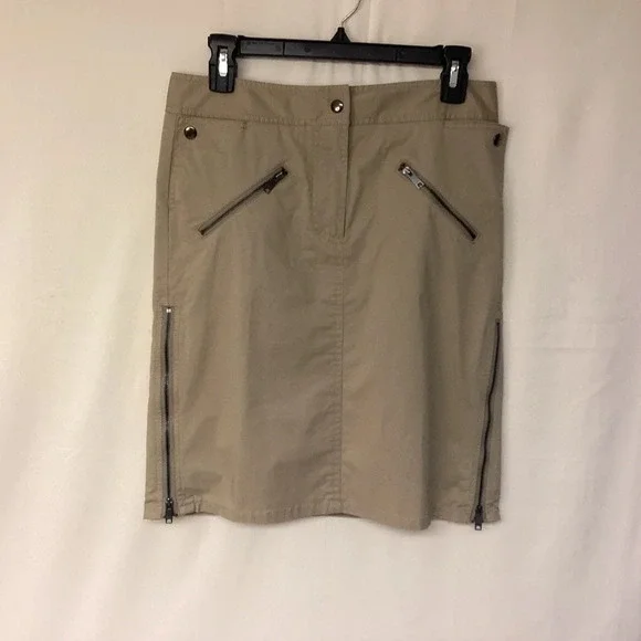 DKNY skirt womens SZ 4 Mini khaki safari neutral unquie fun zipper details - Picture 1 of 10